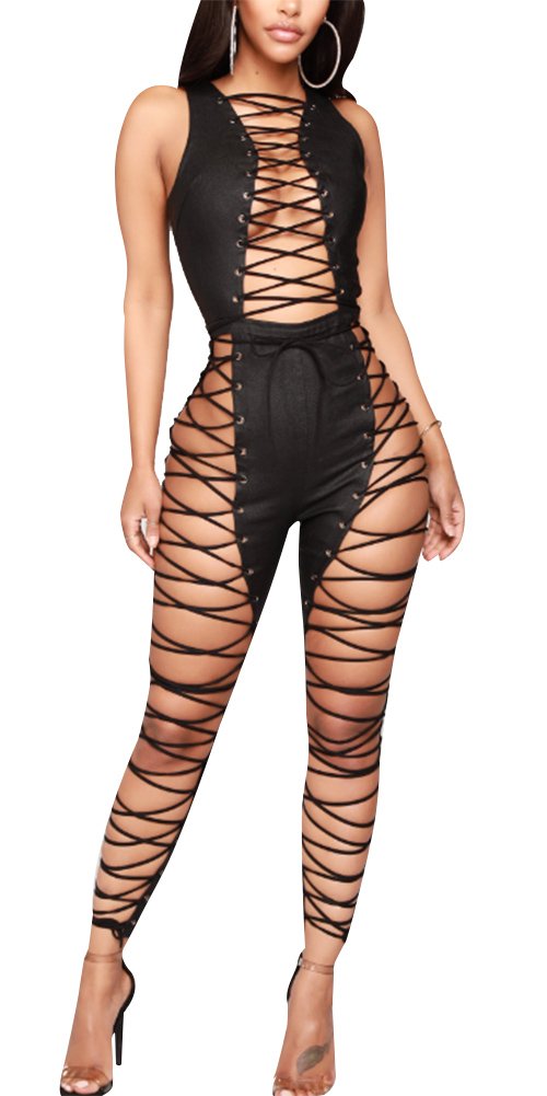 Rela Bota Women's Sexy Sleeveless Bandage PU Leather Criss Cross Jumpsuit Rompers Clubwear