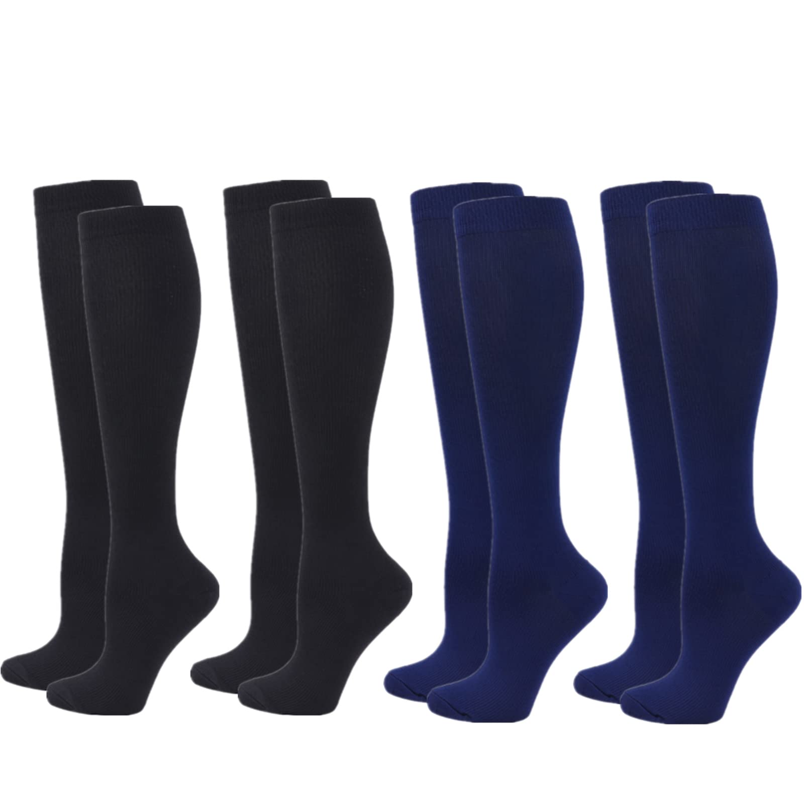 Compression Socks for Women Men, 4 Pairs 20-25mmHg Flight Socks Compression Stockings for Sport, Athletic, Edema, Diabetic, Varicose Veins, Travel, Pregnancy, Nursing (S/M, Black Black Blue Blue)