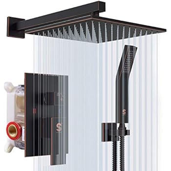SR SUN RISE Oil Rubbed Bronze Shower System 12 Inches Brass Bathroom Luxury Rain Mixer Shower Combo Set Wall Mounted Rainfall Shower Head System Shower Faucet Rough-in Valve Body and Trim Included