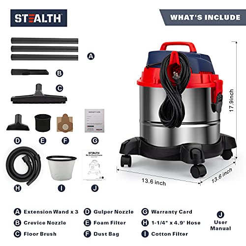 Stealth Wet Dry Vacuum, Portable 5 Gallon 5.5 Peak HP Stainless Steel
