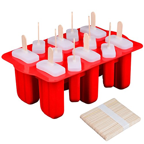 Clearance Sale - Silicone Popsicle Molds Set, 12-Cavity Homemade Ice Pops for Kids, 50 Pcs Wooden Sticks, Nonstick & BPA Free, Red - Thumbnail 7