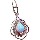 Large Opal Necklace - Rose Gold @ 925 Sterling Silver Flower Leaf Pearl White Fire Opal Jewelry - Teardrop Opal Pendant 16"~20" adjustable Chain