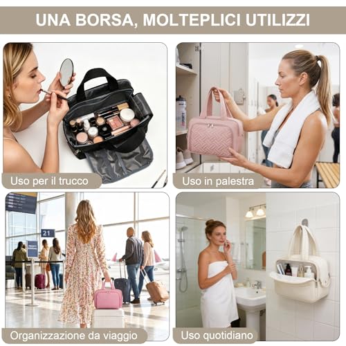 Kono Women's Large Travel Cosmetic Bag, Makeup Bag, Wide Opening, Makeup Bag and Accessories, Waterproof, beige, Minimalist