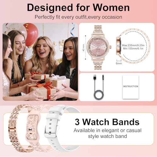Fitoncloud Smart Watch for Women with Diamonds (Answer/Make Calls), 1.27" Display with Heart Rate/SpO2/Sleep Monitor, IP68 Waterproof Fitness Watch for Android & iPhone, 3 Bands, Rose Gold