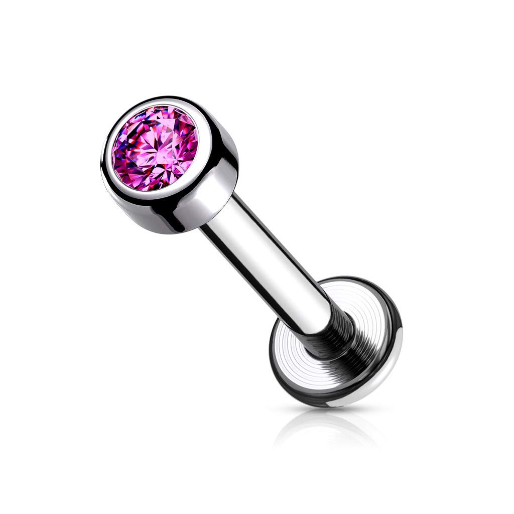 PiercedOff Titanium Labret with Internally Threaded Bezel Set Round Pink CZ Gem - Thickness 16GA (1.2mm) / Length 8mm / Ball Size 3mm