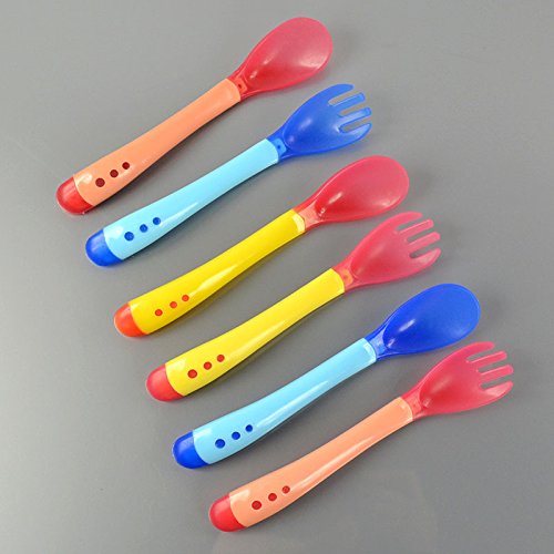 Generic Apricot : Heat Sensing Baby Feeding Weaning Silicone Spoon & Fork