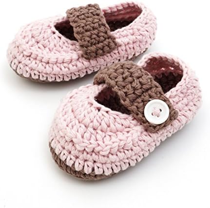 KeeCro Crochet Baby Booties Newborn Socks Shoes Pink with White Button (6 - 12 Monthes)