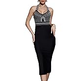 houstil Halter Bandage Dress for Women V Neck Beads Formal Midi Bodycon Cocktail Wedding Guest Dresses