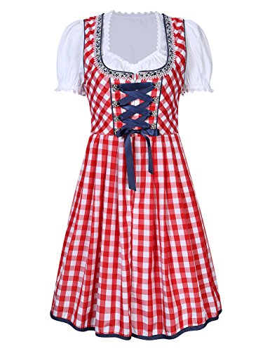 KoJooin Women's German Dirndl Dress 3 Pieces Oktoberfest Costumes (L, Red Plaid) - Thumbnail 2