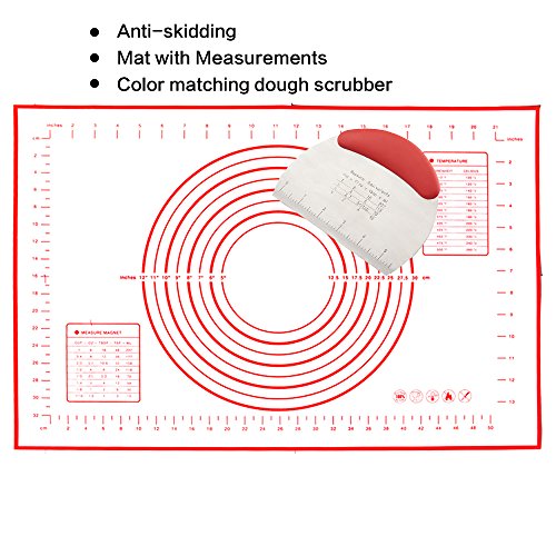 Silicone Baking Mat & Dough Cutter Pack (Set of 2) - Nonstick Pastry Mat with Measurements 23.6''Ã—15.7'' for Chef Baking and Cookie/Bread/Pizza Silver Gray Stainless Steel Dough Scraper