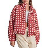 FOMOYUU Womens Fleece Jacket Plaid Long Sleeve Zip Up Cropped Coat Fall Winter Cute Stand Collar Fuzzy Fleece Jacket