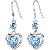 DIAMANTIO 18K Gold Plated Blue Heart Dangle Earrings – Sparkling Crystal Drop Earrings with Hook Back, Elegant Romantic Statement Jewelry.