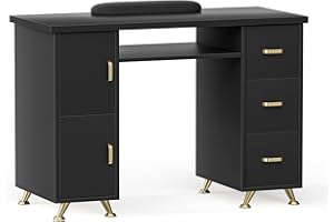 DeerDean Black Nail Tech Desk with Golden Handles & Extended Drawers & Cabinets & Wrist Cushion