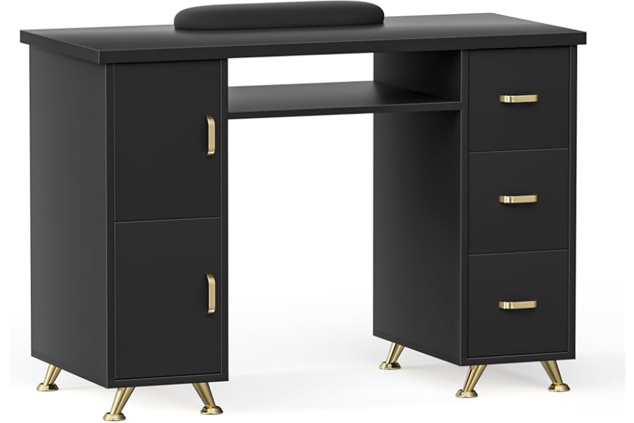 DeerDean Black Nail Tech Desk with Golden Handles & Extended Drawers & Cabinets & Wrist Cushion