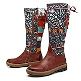 Socofy Leather Knee Boots, Women's Bohemian Splicing Pattern Flat Knee High Boots