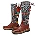 Socofy Leather Knee Boots, Women's Bohemian Splicing Pattern Flat Knee High Boots
