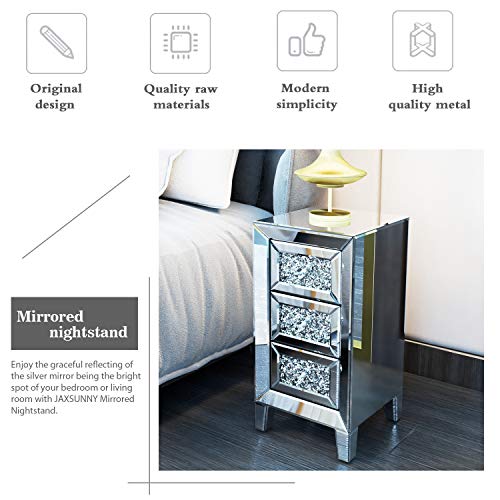 JAXPETY 3Drawer Mirrored Nightstand, Bedside Table With Crystal