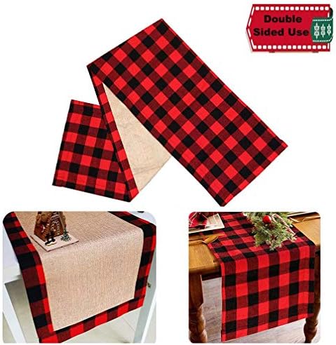 FeChiX Christmas Table Runner Red Black Cotton & Burlap Buffalo Check Double Sided Plaid Table Runner for Christmas Table Decoration Lumberjack Birthday Party Decoration 14x72inch
