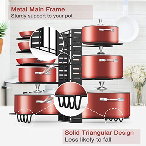 Pot Rack Organizer, 3 DIY Methods, Adjustable Height and Position, 8+ Pots Holder, Black Metal Kitchen Cabinet Pantry Pot Lid Holder, include Magnetic Knife Strip