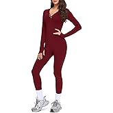VUTRU Long Sleeve Jumpsuit for Women One Piece Fleece Romper Henley Collar Workout Bodycon Full Body Yoga Jumpsuits