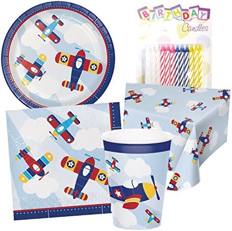 Lil' Flyer Airplane Birthday Party Tableware Deluxe Bundle Includes Plates Napkins Cups Table Cover Serves 16