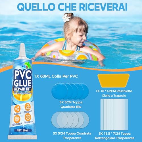 AAROVIBE Kit Riparazione Piscina con Toppe per Piscina – Colla PVC Trasparente, Impermeabile e a Rapida Asciugatura per Gonfiabili, Materassini, Letti ad Aria, Barche in PVC, Piscine, Tende (60ml)