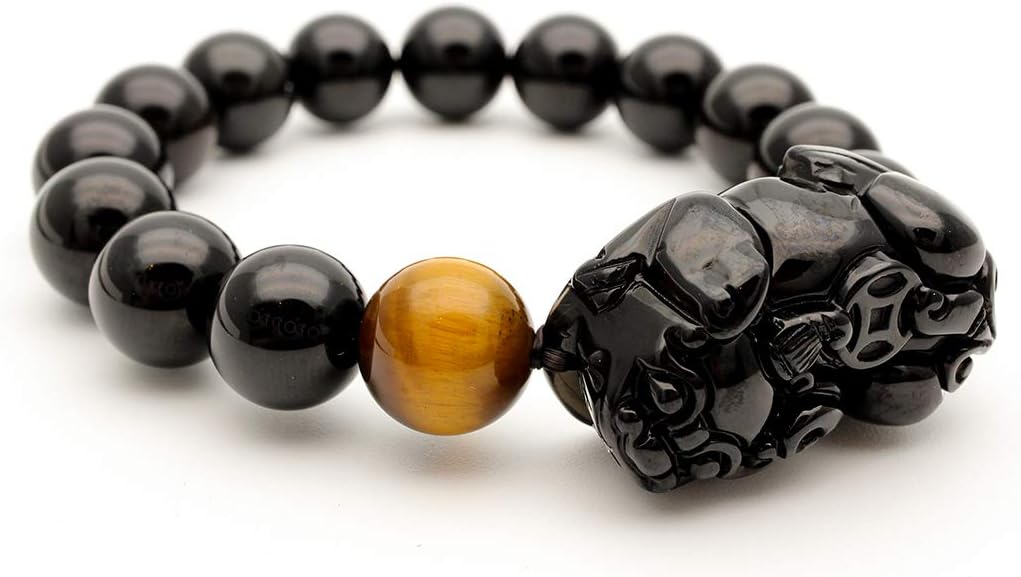 Sisfrog Natural Black Obsidian Tiger's eye Gemstone Pi Xiu Bracelet 12mm Stretched Beads, Gift for Birthday, Christmas