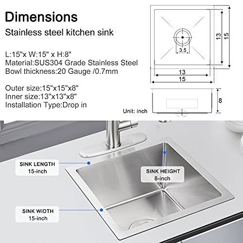 MENATT 15 x 15 Inch Undermount Bar Sink, Single Bowl Handmade Stainless