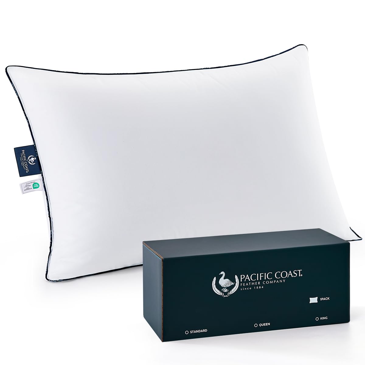 Photo 1 of Pacific Coast White Goose Down Fiber Bed Pillow, Hotel Collection Pillow for Back, Stomach and Side Sleeper, Medium Supportive, Downproof, Standard Pillow 1 Pack