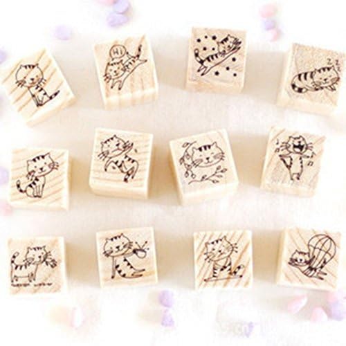 Emorefun Toys Mini Cute Cartoon Little Cat Rubber Stamp Seal Box Kit for DIY,Set of 12