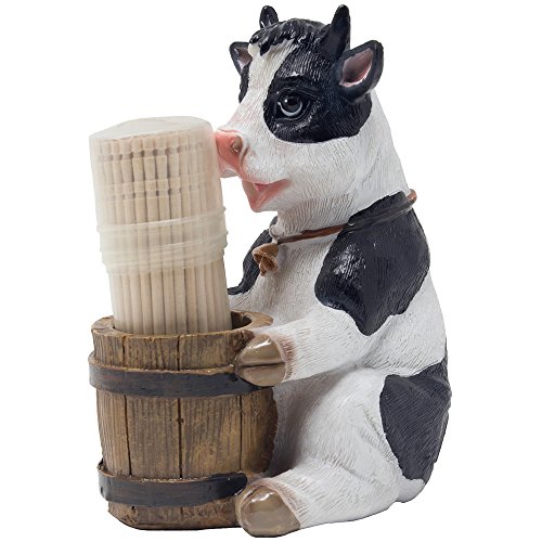 Decorative Holstein Cow Toothpick Holder Set Figurine with Wood Toothpicks and Old Fashioned Water Pail Display Stand for Rustic Bar or Country Kitchen Dcor as Farm Animal Gifts for Dairy Farmers