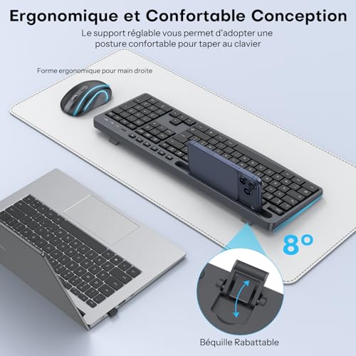 OMOTON AZERTY Wireless Keyboard and Mouse, 2.4 GHz Wireless Keyboard and Mouse Set, Standing, Quiet, Multimedia, Ergonomic, Full Size Compatible with Windows/Linux PC, Ideal for Office (Black-Grey)