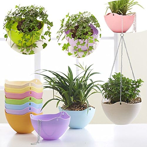 Hanging Flower Plant Round Plastic Pot Chain Indoor Outdoor Basket Planter Holder Home Garden Balcony Decoration Decor Pots (Blue Pink Purple Beige)
