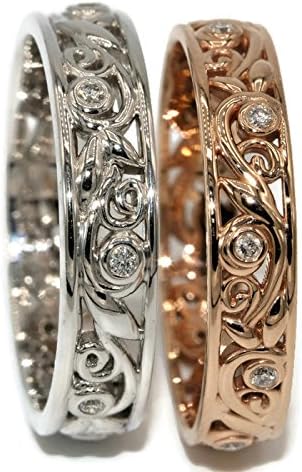 14K Rose gold Wedding band, Diamond Wedding ring, Pink gold Diamond Eternity Band, Leaf &amp; vine wedding eternity Band, feminine comfortable ring