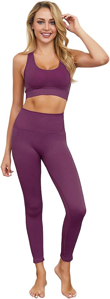 Jetjoy Yoga Outfits for Women 2 Piece Set,Workout High Waist Athletic Seamless Leggings and Sports Bra Set Gym Clothes