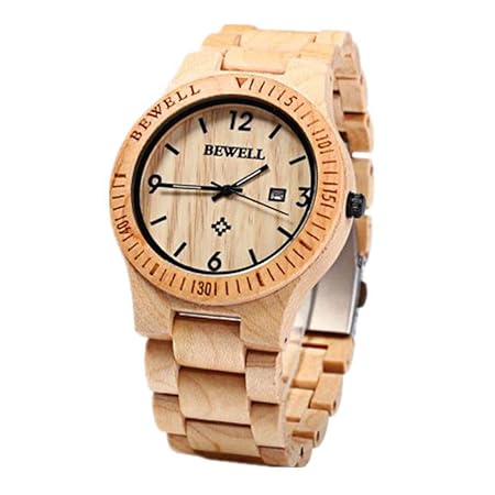 FELICIOO Holzmaserung Uhr handgemachte hölzerne Armbanduhr leichte Quarzwerk Luminous (Farbe : Beige)