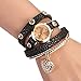 Women's Fashion Rhinstone Faux Leather Wrap Bracelet Quartz Watch with Heart Pendant (Black01)