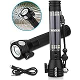 XREXS Solar Powered LED Car Flashlight Multi-Function Solar Escape Rescue Flashlight with 2000mAh Battery, USB Charger and Solar Charger, Portable Flashlight for Hiking, Camping, Traveling