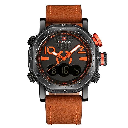 NAVIFORCE Original Men's Sports Casual Waterproof Leather LED multi-function Wrist Watch 9094 (Brown black orange)