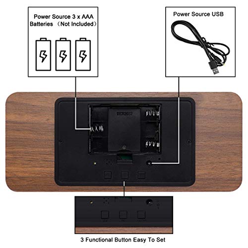 Digital Alarm Clock with Wireless Charging, LED Wood Large Display, Loud Alarm Clock for Heavy Sleepers, with USB Port, 3 Alarm Settings, Date and Temperature Displays, for Bedroom, Bedside