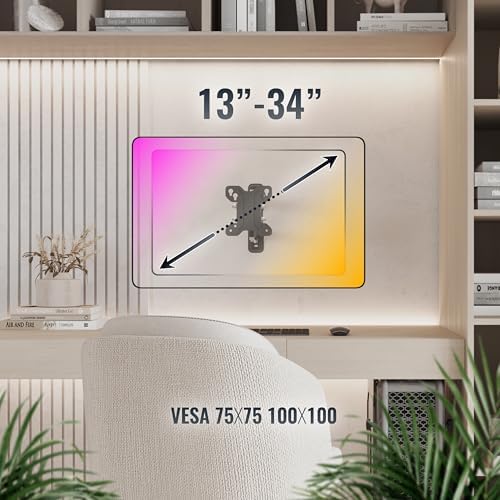 S7911 Support Mural Écran PC TV 13 17 19 22 24 27 28 32 34 Pouces VESA 75x75 100x100 Orientable Inclinable Rotatif Fixation Murale TV QLED OLED LED LCD Écran incurvé Noir