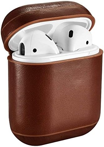 AirPods Case Cover Handmade Genuine Leather Protective Shockproof Case Compatible with Apple AirPods 1 & 2 Charging Case [Front LED Not Visible] [Supports Wireless Charging] (Dark Brown)