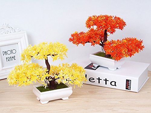 Frjjthchy Mini Artificial Bonsai Tree Plants with Plastic Cement Pots for Home Office DÃ©cor (Rose Red)