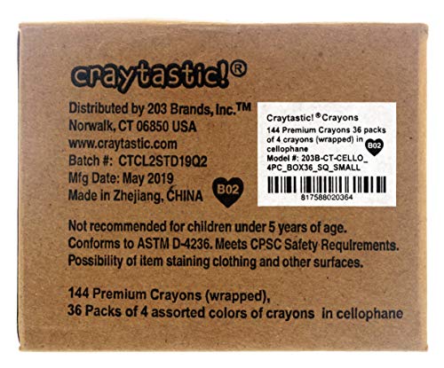 Craytastic! Crayons 36 x 4-Packs - Bulk, Premium in Cello Wrapper - Safety Tested & Compliant with ASTM D-4236 - Great Party Favors