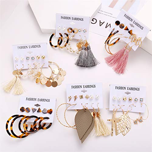36 Pairs Fashion Earrings Set with Tassel for Women Girls Gold Cross Dangle Leaf Earrings Bohemian Acrylic Hoop Stud Earrings for Birthday/Party/Dinner/Christmas - Thumbnail 6