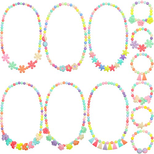 Bememo 6 Sets of Princess Necklace Bracelet Play Jewelry Little Girls Costume Necklaces Toddler Dress up Jewelry (Style 1)