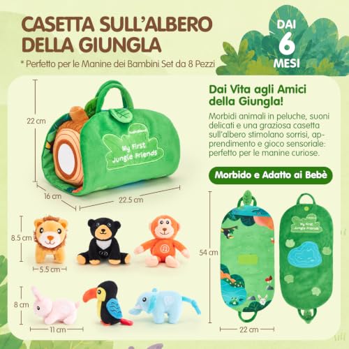 hahaland Giochi Bambini 1 Anno, Set di Peluche Animali con Suoni Realistici | 6 Animali Giungla con Suoni, 2 in 1 Tappetino da Gioco & Borsa, Giocattoli Montessori Sensoriale, Regalo 6 9 12 Mesi