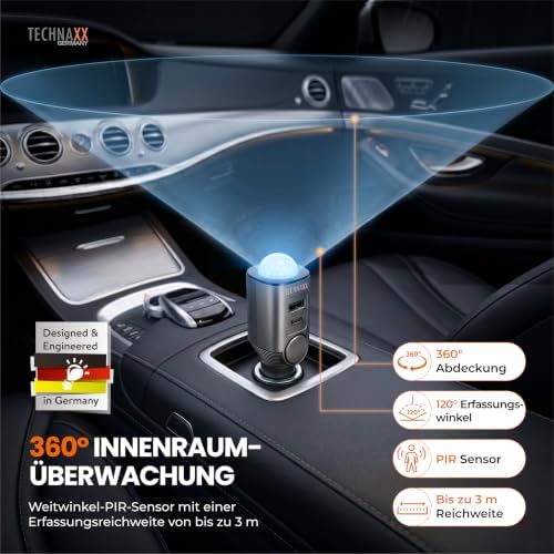Autoalarm mit PIR Bewegungsmelder – 12–24V Plug-in Alarm mit 110dB Sirene, 6-Tage Akku, USB-A & USB-C Ladeports, LED-Anzeige & Fernbedienung - 2026 Update Modell - TX-100