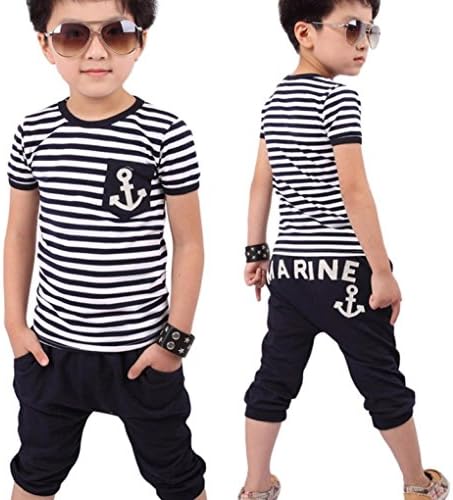 BUBA Kid Boy Navy Stripe Clothes Set,1PC Tops&amp;Pants(7 day arrived) (100, Blue)