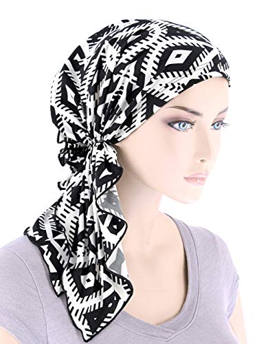 The Bella Scarf Chemo Turban Head Scarves Pre-Tied Bandana for Cancer Geometric Black and White